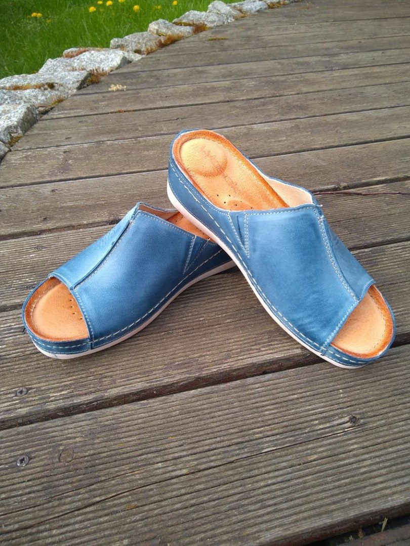 Klapki damskie Wasak 0413 jeans skóra miękka skórzana wkładka przyszywane podeszwy Klapki damskie Wasak 0413 jeans skóra miękka skórzana wkładka przyszywane podeszwy