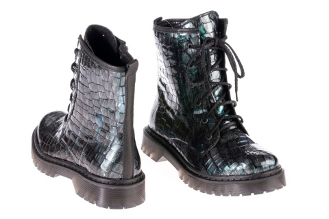 Botki damskie Maciejka 01609-44/00-3 zielono-czarny gad lakier niesamowita skóra sznurowane Botki damskie Maciejka 01609-44/00-3 zielono-czarny gad lakier niesamowita skóra sznurowane