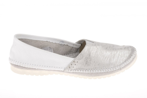 Espadryle damskie Maciejka 01930-05/00-0 białe srebrne paski skóra lekkie przeszywane cholewki Espadryle damskie Maciejka 01930-05/00-0 białe srebrne paski skóra lekkie przeszywane cholewki